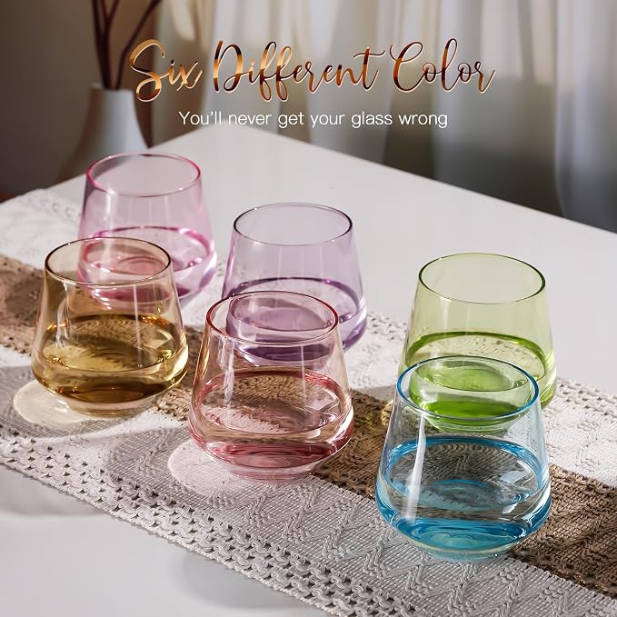 Physkoa Colored Stemless Wine Glasses Set of 6 - Colored Stemless Drinking Glasses, Multicolor Glassware for Party Bar