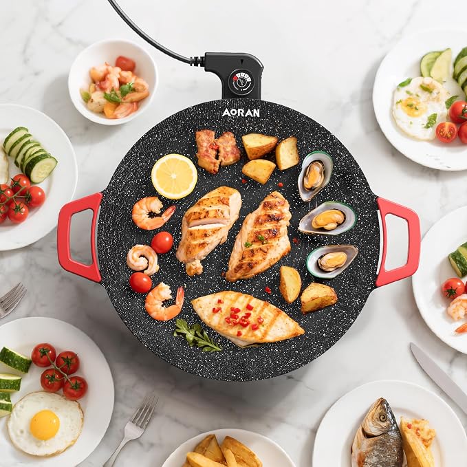 AORAN Indoor Grill Electric Smokeless Set – Nonstick Electric Griddle for Indoor Use, Compact & Versatile Cooking for Steaks, Pancakes & BBQ, Includes Silicone Spatula, Oil Brush & Food Tongs