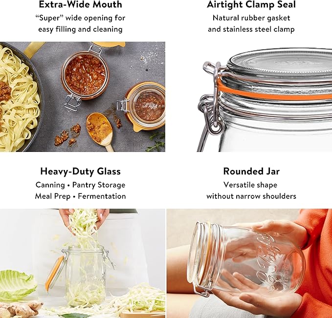 Le Parfait Super Jar 1.5L (48oz) Glass Canning Jar, Wire Bail Lid, 3 Pack | Airtight rubber seal for canning, preserving pickles, sauces and whole fruit, fermentation and pantry storage; Made in France
