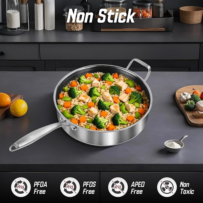Toutrop Frying Pans Nonstick wih Lid, Non Stick Tri-Ply Stainless Steel Saute Pan, 8 Quarts Large Sauté Pan, 13.5 Inch Induction Cooking Pan, Dishwasher and Oven Safe, PFOA Free