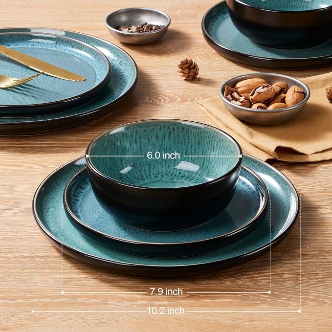 LIANYU Ceramic Dinnerware Sets for 4, 12 Piece Dishes Set, Pastel Turquoise | Stoneware Plates and Bowls, Scratch Resistant Round Kitchen, Dishwasher and Microwave Safe Dinning Ware Set