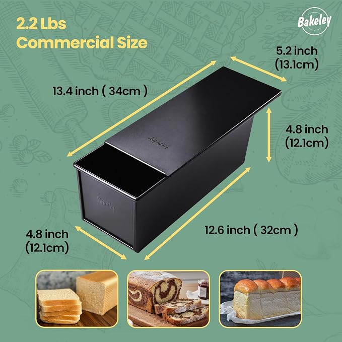 Commercial Pullman Loaf Pan with Lid, 2.2Lb Aluminum Dough Capacity Non-stick Rectangle Flat Toast Box for Oven Baking 13.6"×5.4"×4.7"(Black)