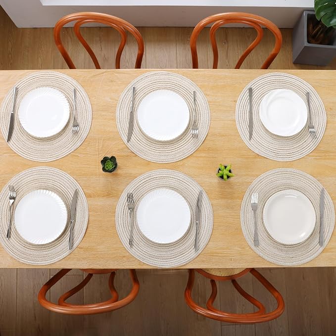 SHACOS Round Braided Placemats Set of 4 Washable Table Placemats Cotton Polyester Place Mats 15 inch Circle Table Mats for Holiday Party (Ivory, 4)