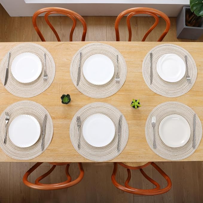 SHACOS Placemats Set of 8 Round Braided Place Mats 15 inch Washable Table Mats for Home Wedding Holiday Party (Ivory, 8)
