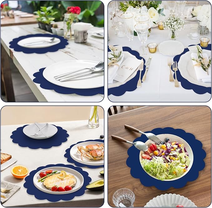 50 Pcs Navy Blue Paper Placemats Disposable, 13.5 Inch Blue Disposable Scalloped Placemat Decorative Placemats for Birthday Wedding Baby Shower Banquet Tea Party