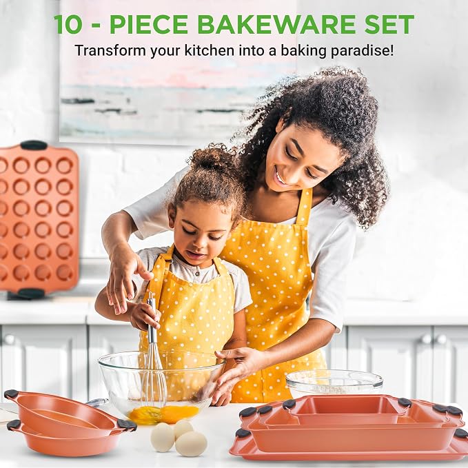 NutriChef 10 Pc Baking Pans Set Nonstick, Cookie Sheet and Pizza Pans | 10 piece set, carbon steel, includes cookie sheets, nonstick, stackable, silicone handles, warp resistant, roasting