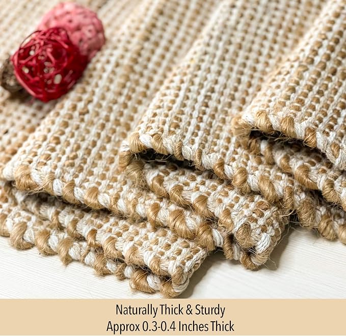 Natural Jute Table Runner 13x72 Inch – Vintage Boho Rustic Table Decor – Handwoven Table Runner in Natural Jute and Ivory – Farmhouse Dining or Console Table Accent