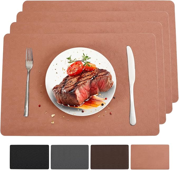 Coral Vinyl Placemats Set of 4 Waterproof Wipeable Table Mats | Heat Resistant Easy Clean Place Mats Faux Leather Table Mats Washable PVC Table Placemats for Dining Table