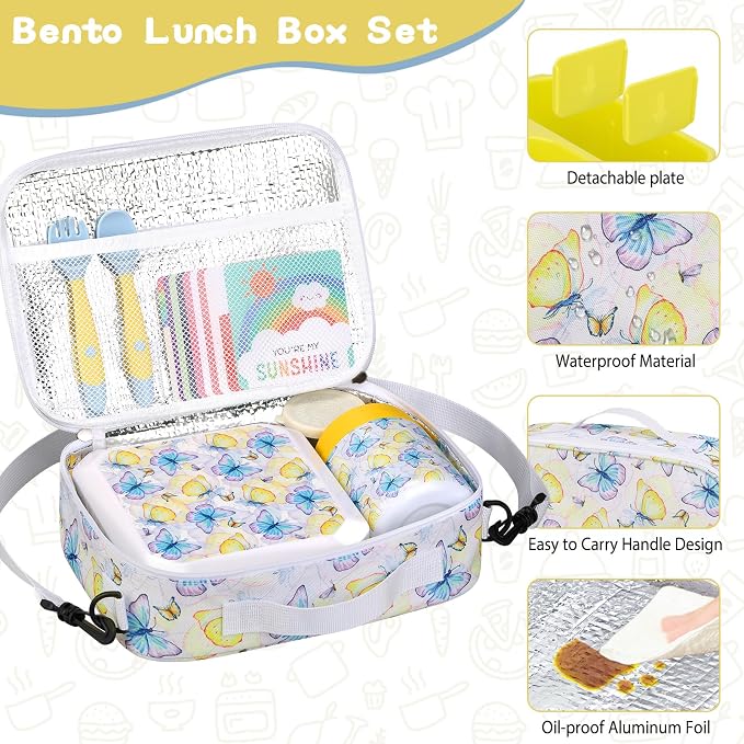 wiwens Bento Lunch Box for Kids with 12oz Soup Thermo Leak-Proof Lunch Food Container with 5 Compartment Thermo Hot Food Jar and Insulated Lunch Bag for Kid Toddler Girls Boys to School