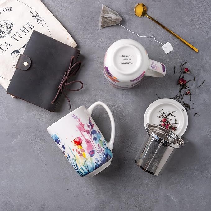 AmorArc Tea Cup With Infuser and Lid, 18oz Loose Leaf Tea Mug With Steeper | Porcelain Tea Mug With Infuser and Lid, Large Strainer Tea Cup with Lid for Tea, Coffee Mug for House-warming Birthday Gift
