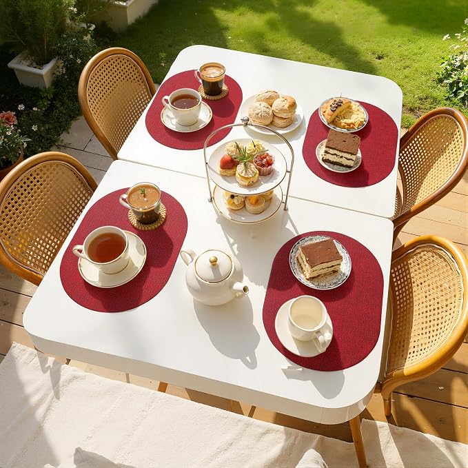 Placemats Set of 6, 11.8 x 17 Inch, Red | Heat Resistant Oval Faux Leather Place Mats, Waterproof Wipeable Reversible PU Placemat, Indoor & Outdoor