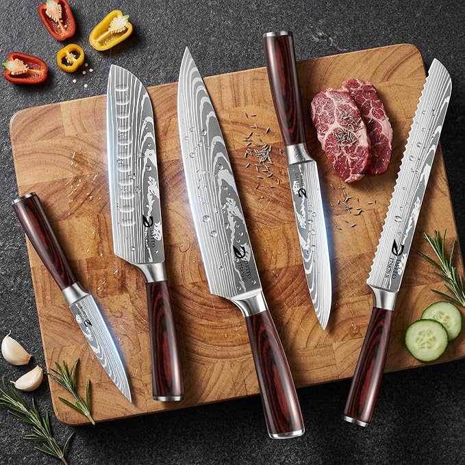Kitchen Knife Set 5 Pieces, Professional Chef Knives Set Gift Box | High Carbon Stainless Steel Chef Knife Set with Ergonomic Pakkawood Handle, Sharp Cooking Knives for Kitchen & Home Cooking