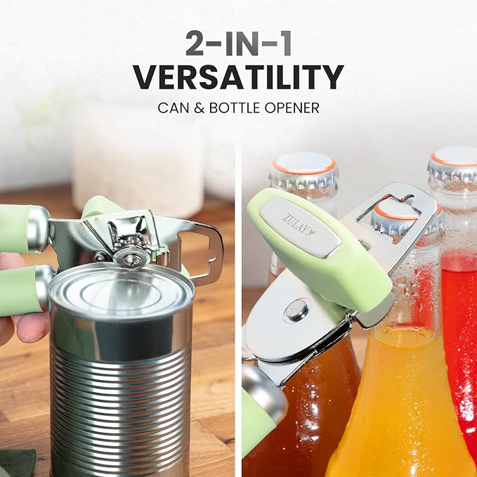 Zulay Kitchen Heavy Duty Stainless Steel Can Opener Manual with Bottle Opener - Rust Proof Manual Can Opener With Turn Knob & Comfy Soft Grip Handles - Pistachio