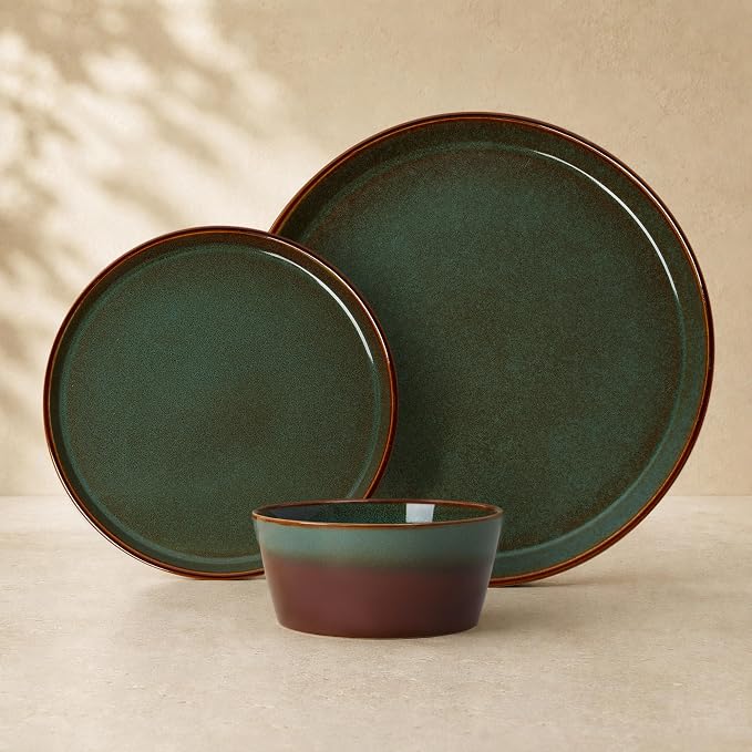 Plates and Bowls Sets for 4, Ceramic Dinnerware Sets, Kitchen Dish Set, Microwave & Dishwasher Safe Dishware, Highly Durable Hand Glazed Dinner Set, Brown Green