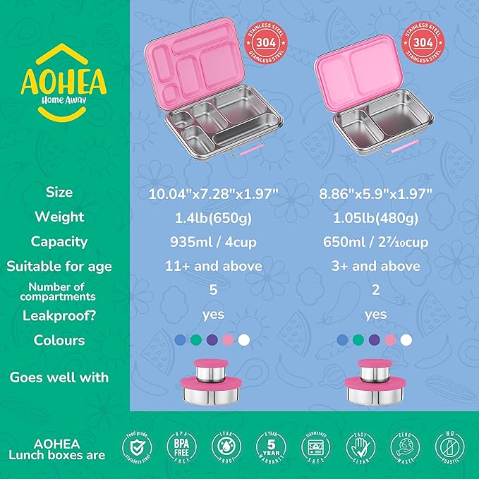 Stainless Steel Bento Box Kids, Kids Metal Bento Lunch Box BPA Free Lunch Box Containers 304 Stainless Steel Bento Box for School and Office(Pink)