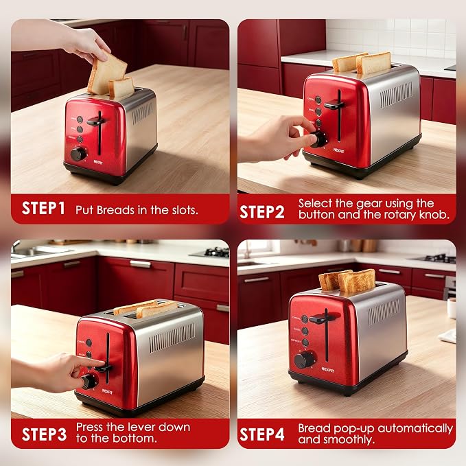 Toaster 2 Slice, Stainless Steel, 6 Shade Settings, 1.5" Extra Wide Slots | NEXFIT Retro Toaster with Bagel, Defrost, Reheat & Cancel Functions, 900W, Removable Crumb Tray, High Lift, Cord Wrap, Red