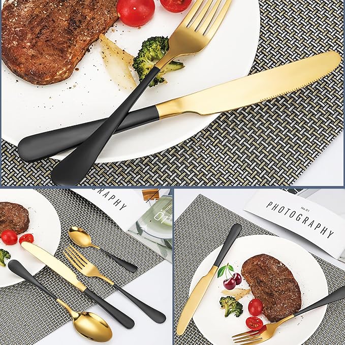 24 Pieces Flatware Set, Caliamary Stainless Steel Flatware Set with Silverware Holder Spoons Forks Knives,Utensils Set Service for 6,Gold Mirror Polished and Matte Pink Painted (Black)…