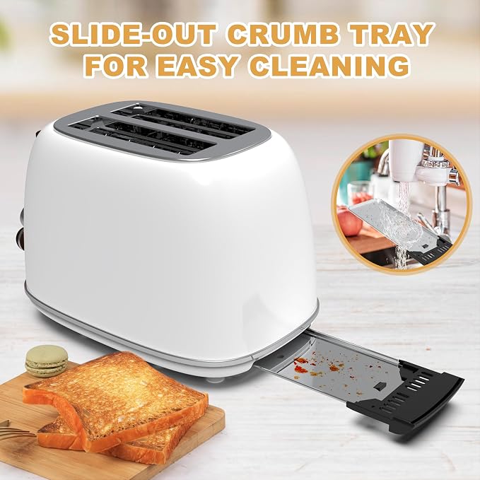 Toaster 2 slice,Retro Stainless Steel Toaster with 6 Settings, 1.5 In Extra Wide Slots, Bagel/Defrost/Cancel Function, Removable Crumb Tray (White)