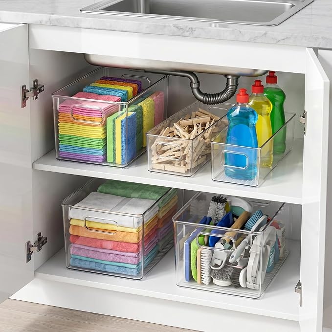 YKIOKE 8 Pack Clear Plastic Storage Bins with Handles, Stackable Organizer | BPA-Free, 4 Large & 4 Small Stackable Organizer Containers for Kitchen Cabinets, Countertops, Drinks, Fruits, Vegetables