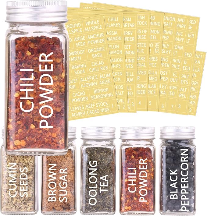 SWOMMOLY 66 Pcs 4 oz Glass Spice Jars with Shaker Lids and 703 Spice Labels | Empty Spice Containers with Airtight Lids, Chalk Marker, Funnel - Square Seasoning Bottles for Spice Racks, Cabinets, Drawers