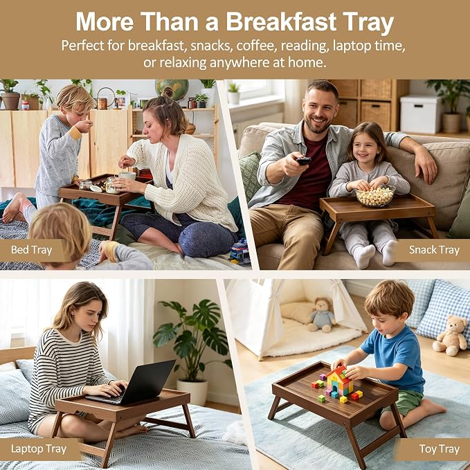 Bamboo Breakfast Trays with Folding Legs, Large, 2-Pack, Walnut | Set of 2 large bamboo bed trays with folding legs and wave handles for meals, laptops and serving in bed.