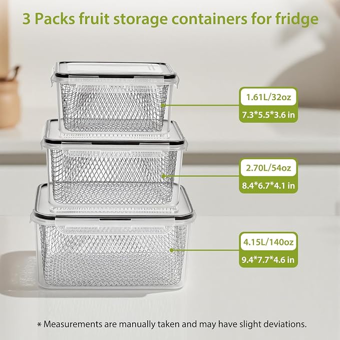 3 PCS Large Fruit storage Containers for Fridge Food Storage Containers | with Stainless Steel Colander Leakproof Dishwasher Microwave safe Produce Containers Keep Fruits Vegetable Berry Fresh longer