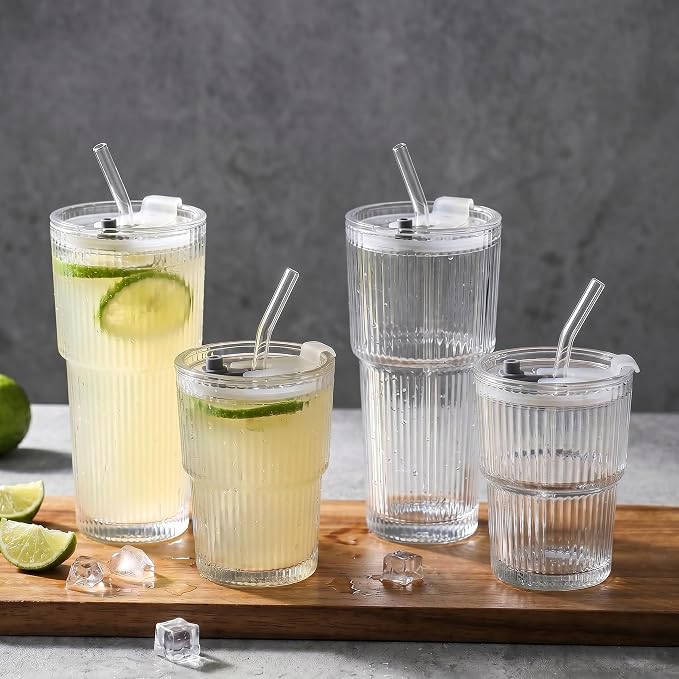 Ribbed Glass Tumbler Drinking Glasses with Lids & Straws, Leak-Proof 20oz and 15oz Glass Cups, 4PCS Glass Tumblers, Ideal for Home, Office, Outdoor Use