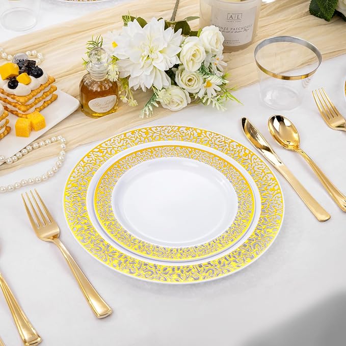 WELLIFE 210Pcs Gold Plastic Dinnerware - Disposable Silverware and Cups, Include:30 Dinner Plates, 30 Dessert Plates, 30 Paper Napkins, 30 Cups, 30 Gold Plastic Cutlery Set for Party and Wedding