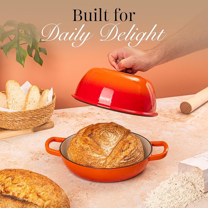 Enamelled Cast Iron Dutch Oven Pot – Dutch Oven For Sourdough Bread Baking – Cast Iron Bread Pot – Orange, 6 Quarts, 26cm – by Nuovva