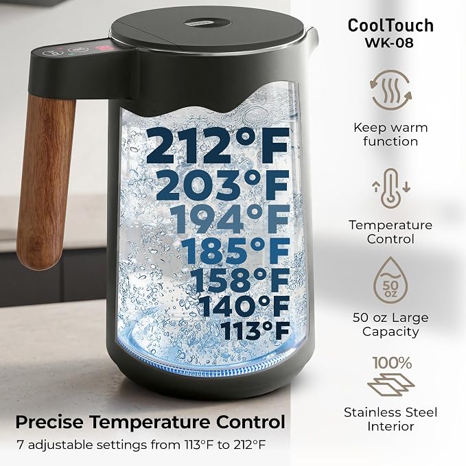 BALTER Electric Kettle with Temperature control, 113 °F – 212 °F, Tea pot, Stainless steel, double wall water kettle, BPA-free, quiet tea kettle, 1.5 L, 2200 W, Blue Gray
