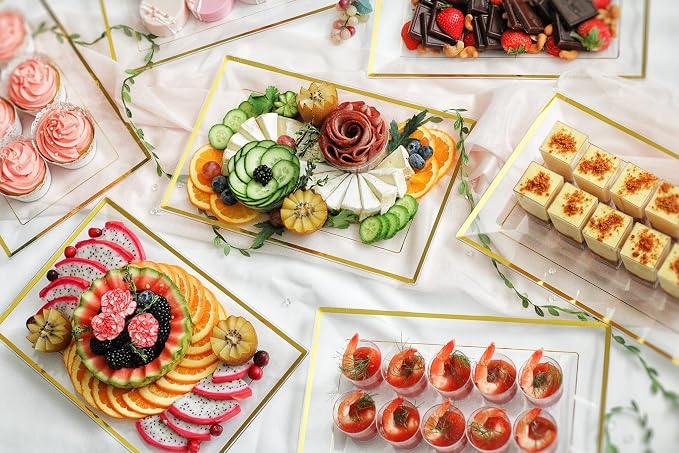 Elegant Plastic Serving Tray & Platter Set (6pk) - Clear & Gold Rim Disposable Serving Trays & Platters for Food - Weddings, Upscale Parties, Dessert Table, Cupcake display - 8x13 inches