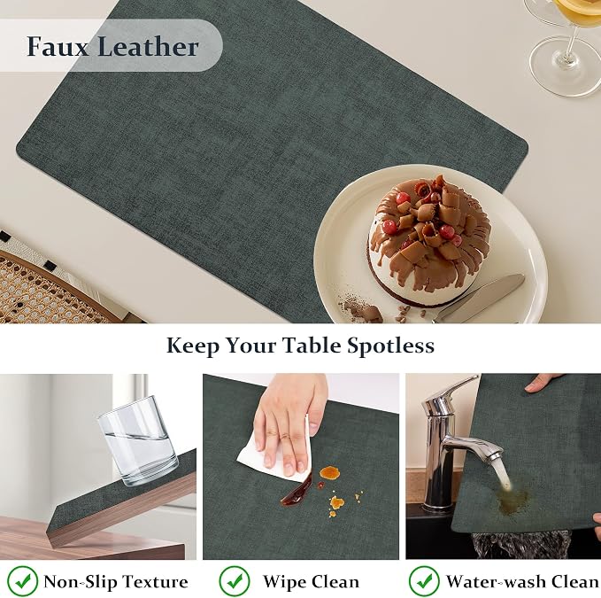 FROMHEART Faux Leather PU Placemats Set of 8 (Dark Green,11.8" x 17") | Waterproof,Heat/Oil Stain-Resistant Table Mat–Reversible,Non-Slip,Easy to Clean Place Mats for Kitchen,Dining,Indoor/Outdoor