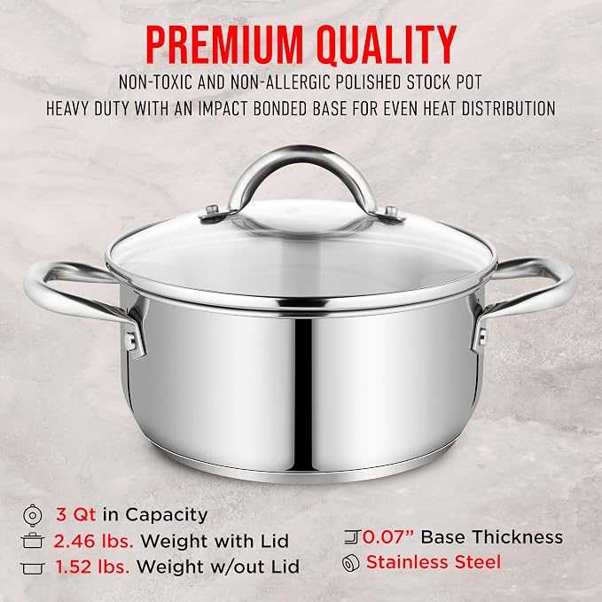 Stainless Steel Stockpot with Tempered Glass Lid 3 Quart,Durable 18/0 Stainless Steel,Impact-Bonded Base for Even Heating,Riveted Handles,Oven&All Stove Compatible,Safe Up To 500°F (260°C) (Pack of 2)