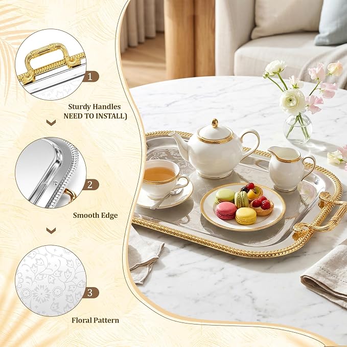 3 Pack Metal Serving Trays with Handles, Decorative Floral Platter Trays for Coffee Tea, Food, Dessert, Jewelry, for Buffet Wedding Party Kitchen Home Decor(Floral,Silver, Gold)