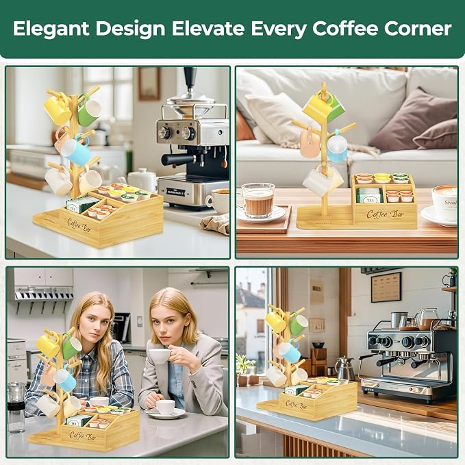 EsLuker.ly Mug Tree Holder Stand, Countertop Bamboo Coffee Cup Organizer | Rack for Kitchen Office, Space-Saving Coffee Station Bar Organizer with 6 Hooks, Modern Design Enhances Decor