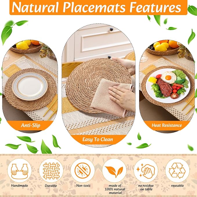 6 Sets Boho Decoration Placemats Round Woven Placemats, Cloth Napkins, Wood Bead Napkin Rings, Long Table Runner and Farmhouse Burlap Cotton for Table Kitchen (Yellow,12x72)