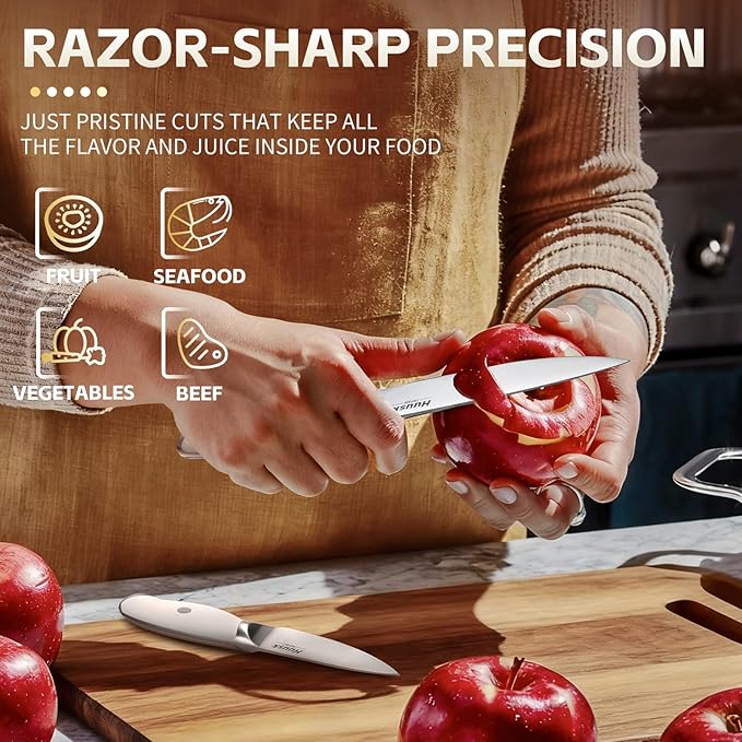 Huusk Paring Knife Set - Razor Sharp 5" Utility & 3.5" Fruit Peeling Knives | Nitrogen-treated Stainless Steel, Ergonomic, Ivory White, Vegetable Fruit Cutting Hulling Coring Segmenting, Gift
