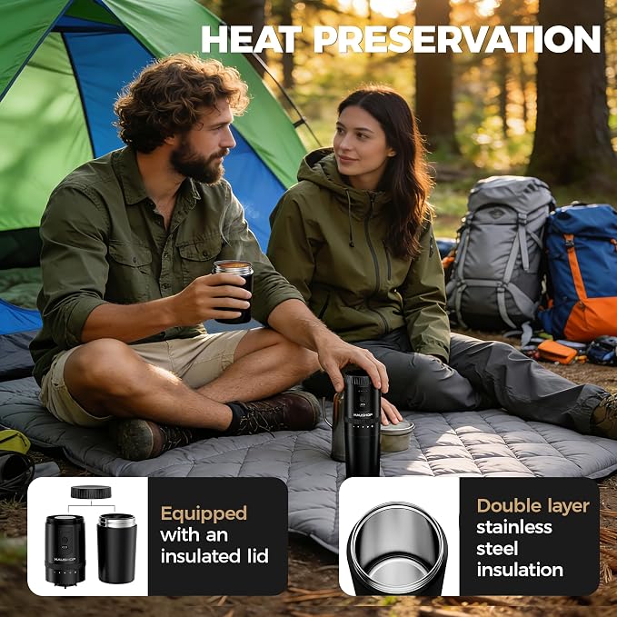 HAUSHOF Travel Coffee Maker,Coffee Grinder for Home,Camping | Hot & Cold Insulation;5 Adjustable Grind Levels;Grind & Brew in One;Portable Cordless Design