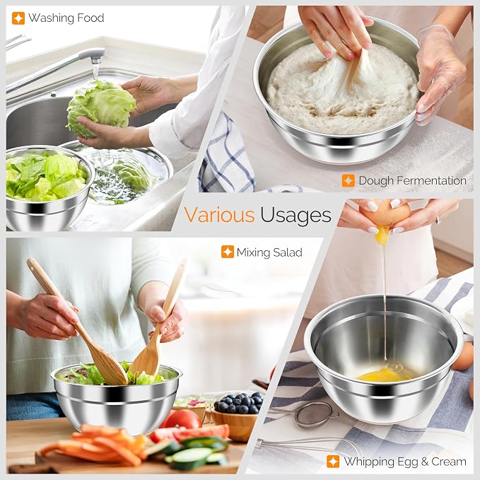 HaWare Stainless Steel Mixing Bowls with Airtight Clear Lids, Khaki | 24-Piece, 5 Nesting Bowls: 4.6/2.6/1.5/1/0.7 QT, Includes 3 Graters, Non-Slip, For Serving, Prepping, Storing