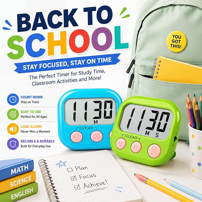 ZILLEEN Digital Kitchen Classroom Timers for Kids Cooking 24pcs MulticolorA | Strong Magnetic, Large Screen, Big Button, Kitchen Timers for Cooking Teacher Study, Blue Green Pink Purple White Orange
