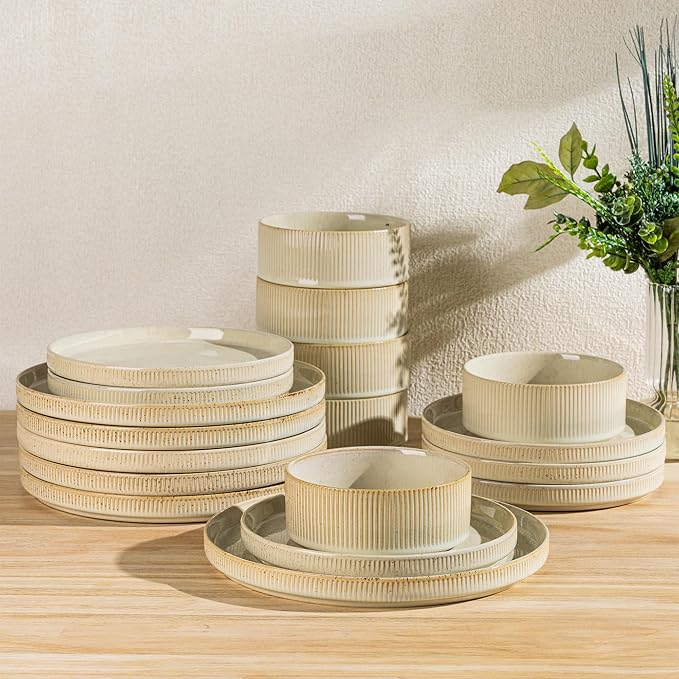 Ceramic Dinnerware Set for 6, 18-Piece Plates and Bowls Set | Lightweight Porcelain Dish Set, Scratch Resistant, Oven & Microwave & Dishwasher Safe, Cappuccino