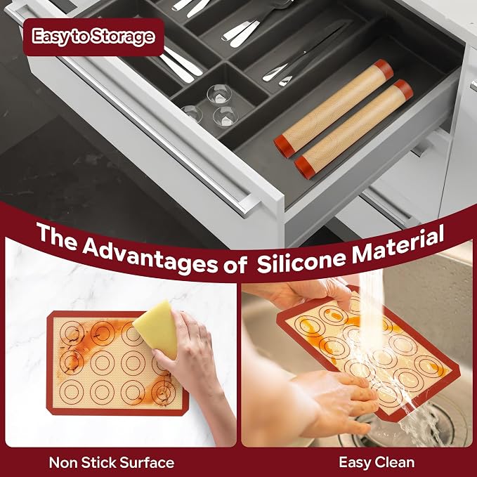 P&P CHEF 8.6 Inch Silicone Baking Mat, 2Pcs Non-stick Silicone Oven Mats | Reusable Baking Supplies for Macaroon Pastry Bread Dough Cookie Pizza, Good for Roasting Kneading, Fit Well with Sheet Pan