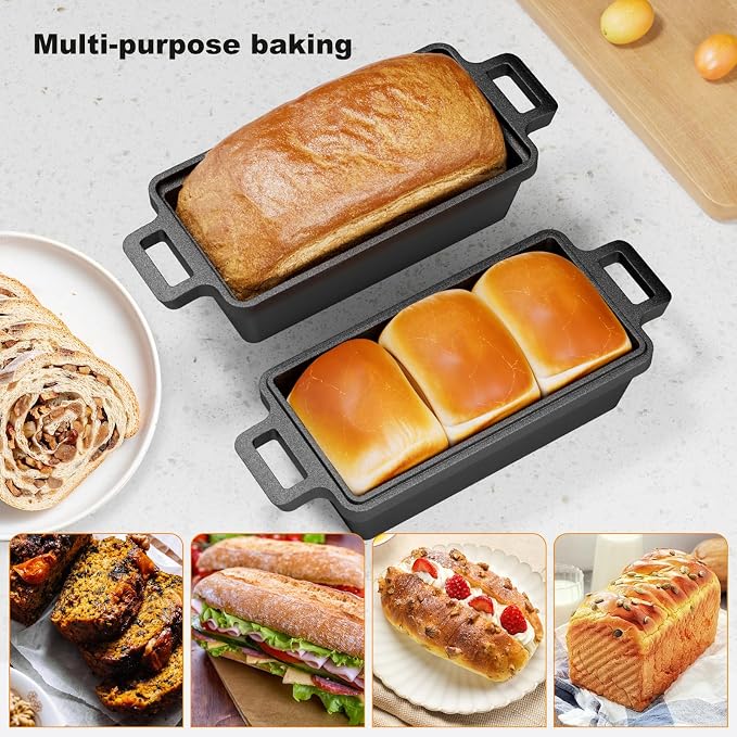 9×5 Inch Cast Iron Loaf Pan with Lid, 2 Pack Bread Pans for Baking | Premium cast iron loaf pan & bread pan set evenly distributes heat for crisp bread crusts. Multi-cooker compatible