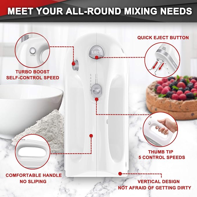 Lord Eagle Hand Mixer Electric Handheld 400W, 5-Speed with Storage Bag | Lightweight Kitchen Mixer, 5 Stainless Steel Attachments for Baking Cake Egg Cream Food Beater, Stain-resistant & Waterproof