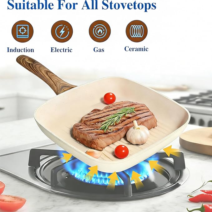 Simple Deluxe 3 Pieces Nonstick Grill Pan Set, Square Versatile Griddle Pans with Wooden Handle, Durable Skillet Indoor & Outdoor Use, All Stovetops Compatible(9.5", 10.2", 11"), PFOA Free, Beige