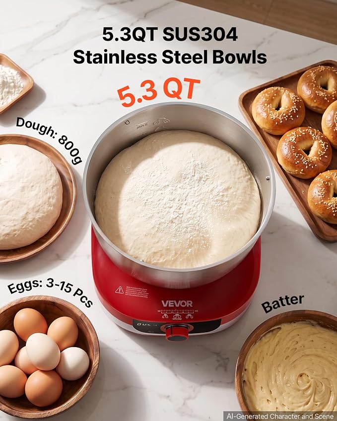 VEVOR 5.3 Qt Electric Dough Maker 500W Stand Mixer Removable Lid, Stepless Speed Adjustment Food Kitchen Mixer with Stainless Steel Bowl, Dough Hook, Whisk, Beater, for Pizza Bread Pasta Mochi