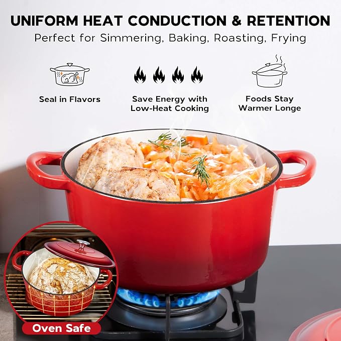 Onader 7QT Enameled Cast Iron Dutch Oven with Lid for Bread Baking, Round Dutch Oven Pot, Heavy Duty - Red