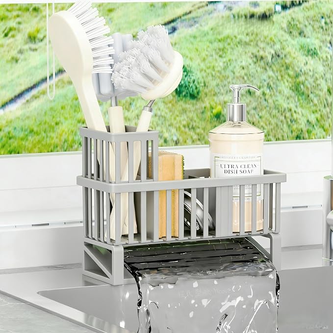 Rustproof Sink Caddy & Kitchen Sink Organizer,Plastic Dish Sponge Holder with High Scrub Brush Holder,Sponge Rack for Kitchen Sink,Multifunctional Sponge Drain Rack,Dish Soap Caddy & Dispenser