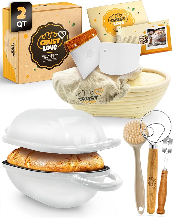 2 QT Oval Cast Iron Dutch Oven for Bread Baking with Lid & Kit | Dutch Oven for Sourdough Bread Baking, Enameled Cast Iron, Banneton, Bread Sling, Lame, Dough Whisk & Instruction Guide