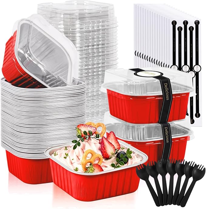 50 Pack Mini Cake Pans With Lids And Spoons,5oz Square Aluminum Foil Brownie Baking Cups,Small Cake Tins,Individual Cake Pans With Lids for Wedding Birthday Party (Red)